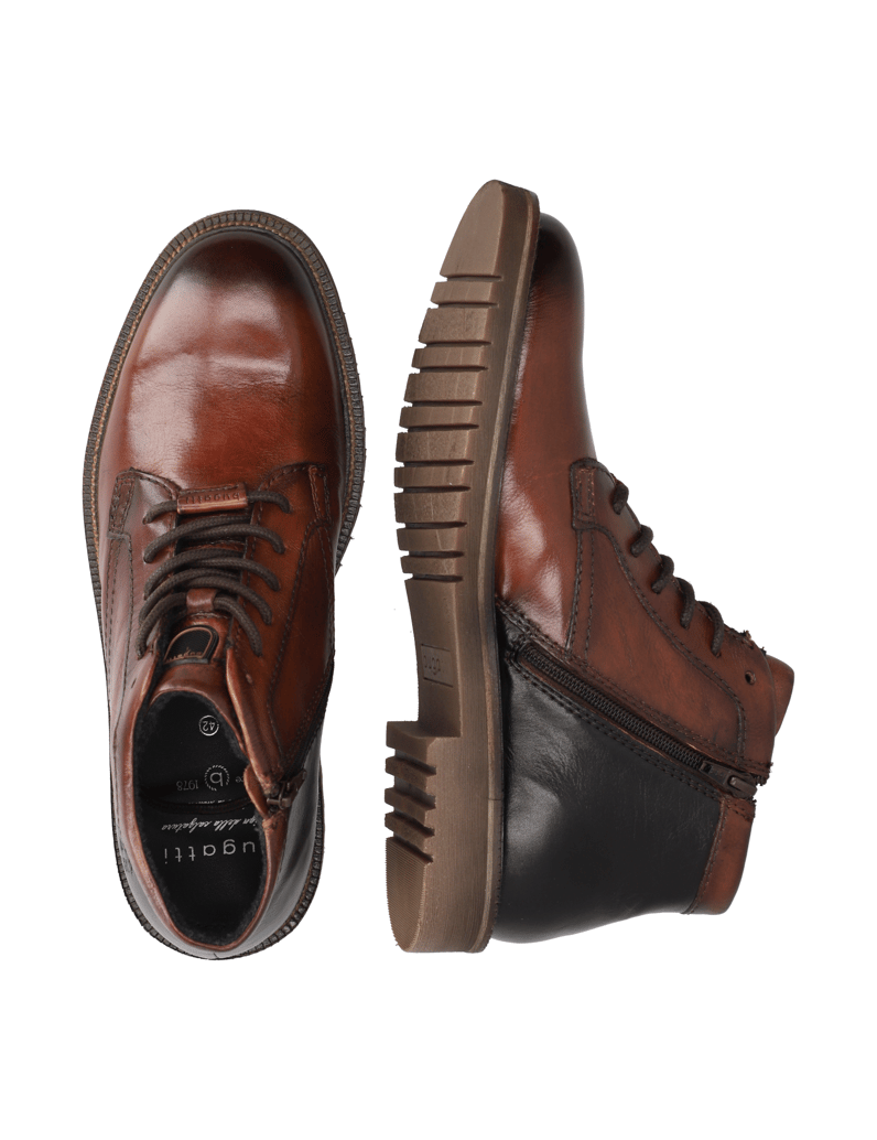 BUGATTI-Glattleder-Schnürstiefelette-cognac