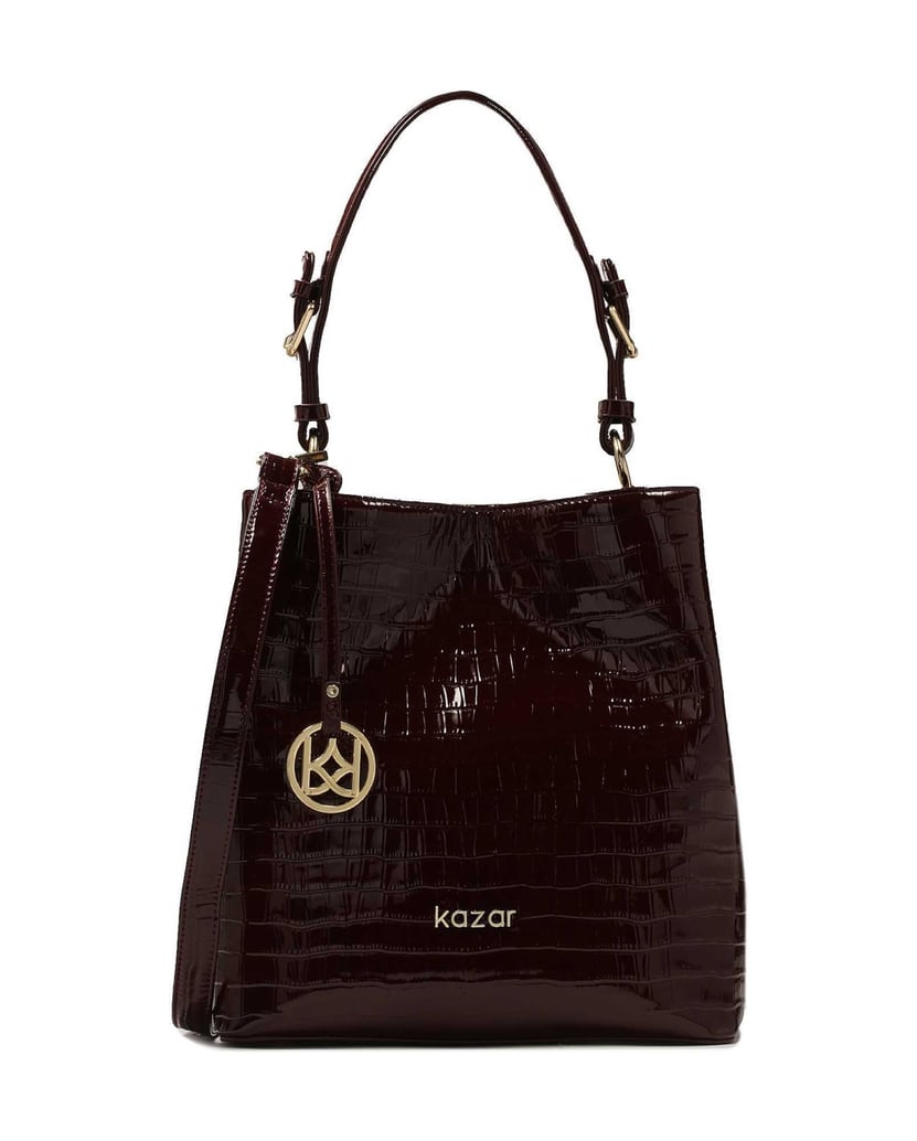 Kazar-Kastanienbraune-Lackhandtasche-mit-exotischem-Muster-rot