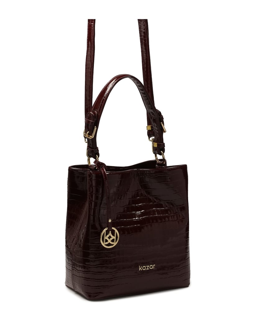 Kazar-Kastanienbraune-Lackhandtasche-mit-exotischem-Muster-rot