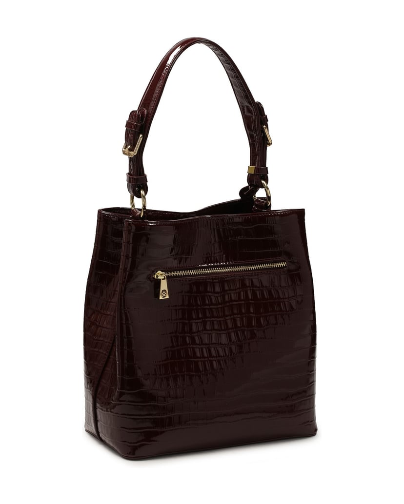 Kazar-Kastanienbraune-Lackhandtasche-mit-exotischem-Muster-rot
