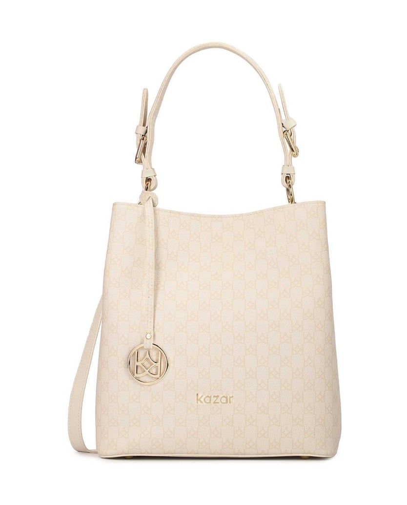 Kazar-Lederhandtasche-mit-beigem-Aufdruck-weiss