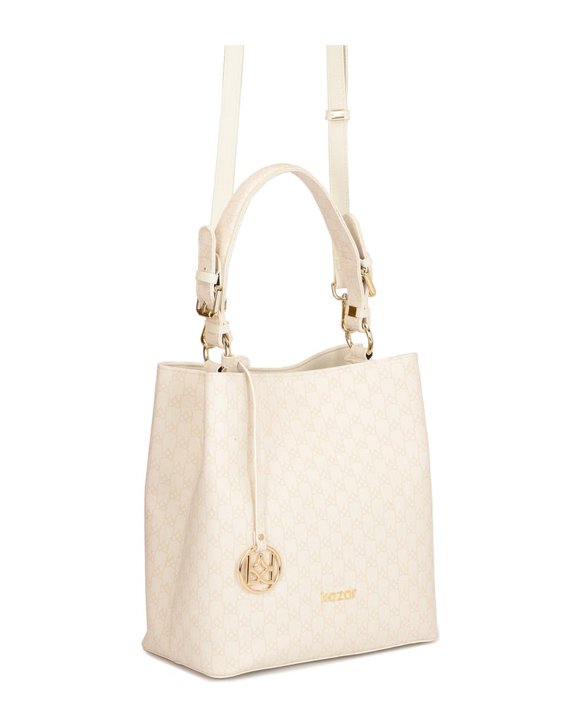 Kazar-Lederhandtasche-mit-beigem-Aufdruck-weiss
