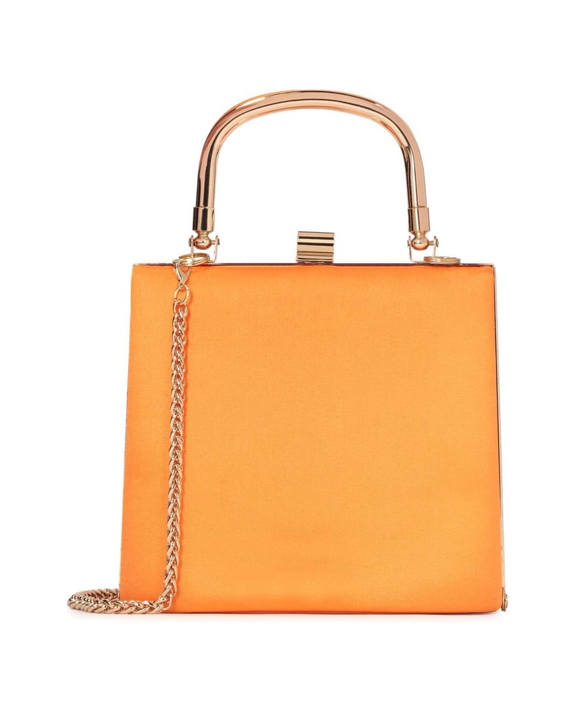 Kazar-Orangefarbene-Clutch-Box-Tasche-an-goldener-Kette
