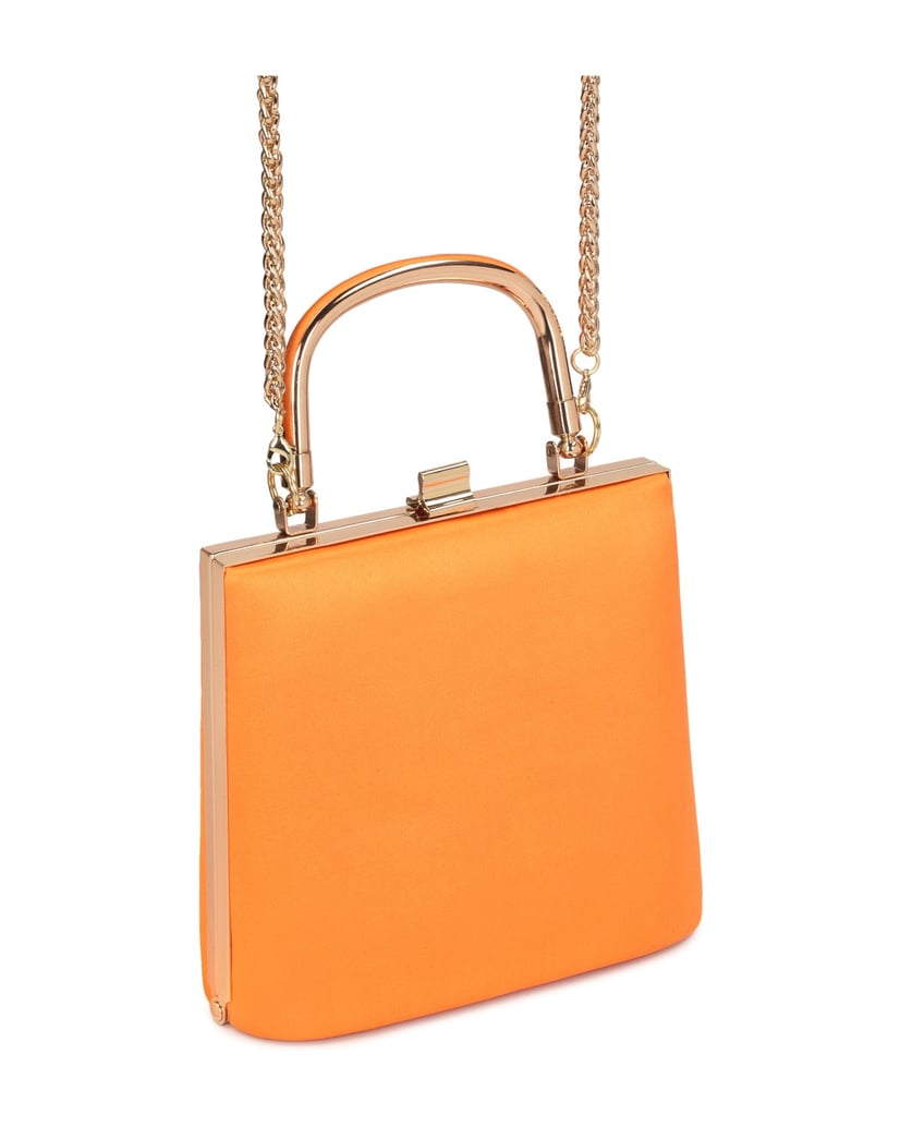 Kazar-Orangefarbene-Clutch-Box-Tasche-an-goldener-Kette