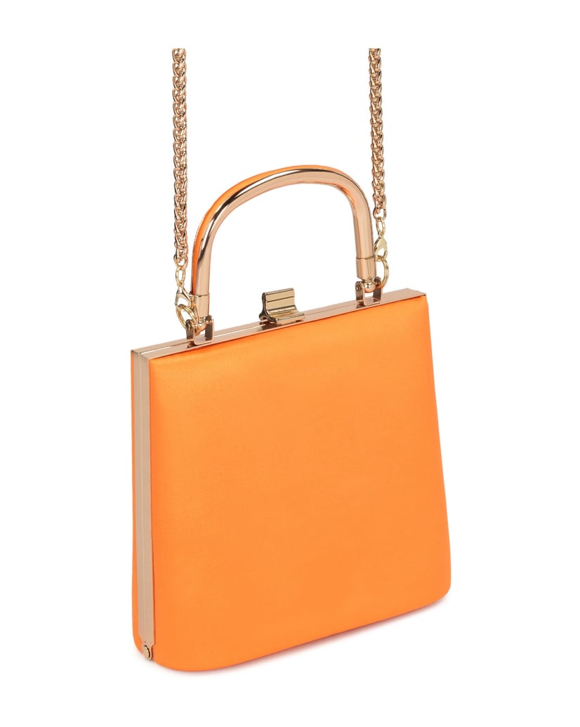 Kazar-Orangefarbene-Clutch-Box-Tasche-an-goldener-Kette