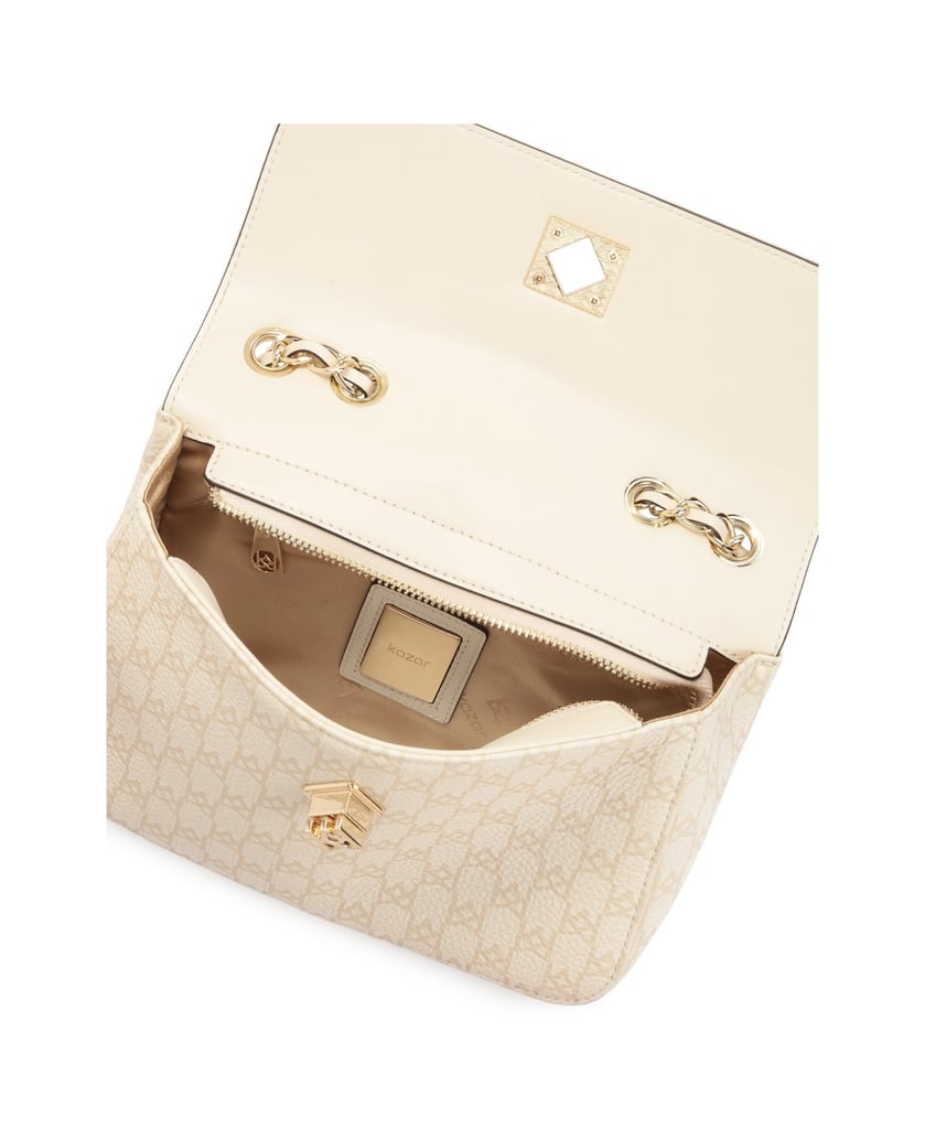 Kazar-Schlichte-Lederhandtasche-mit-beigefarbenem-Druck-weiss