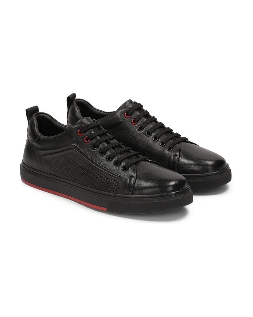 Kazar-Schwarze-Sneakers-aus-Leder-mit-Perforation-und-rotem-Einsatz-schwarz