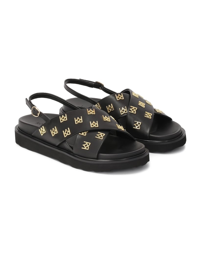 Kazar-Flache-Sandalen-mit-Metallmonogrammen-verziert-schwarz