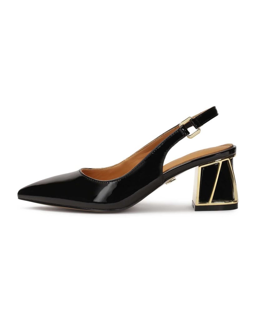 Kazar-Pumps-aus-Lackleder-mit-offener-Ferse-und-verziertem-Absatz-schwarz