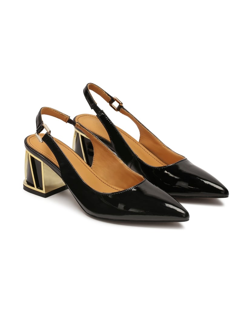 Kazar-Pumps-aus-Lackleder-mit-offener-Ferse-und-verziertem-Absatz-schwarz