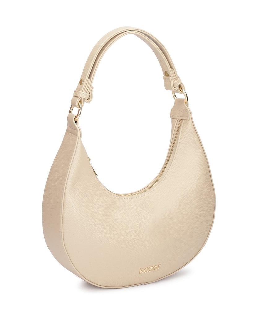 Kazar-Beigefarbene-Lederhandtasche-mit-einer-einzigartigen-Form-beige