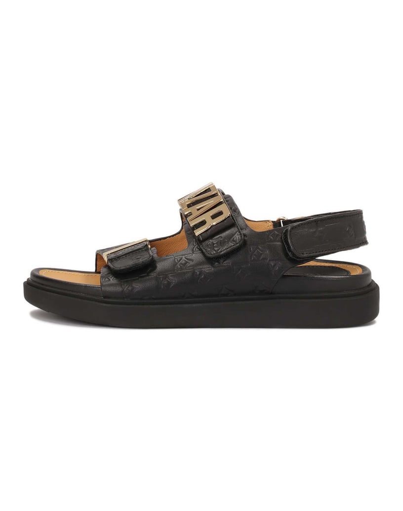 Kazar-Sandalen-mit-Schriftzug-und-Prägung-aus-Metall-schwarz