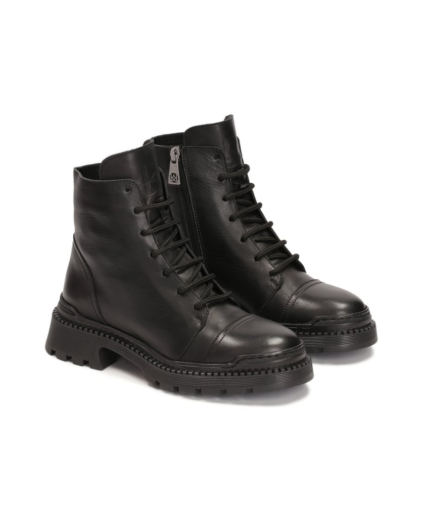 Kazar-Niedrige-flache-Lederstiefel-mit-Schnürsenkeln-und-einem-Reißverschluss-schwarz