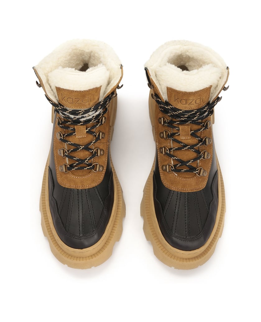 Kazar-Braune-und-schwarze-Stiefel,-inspiriert-von-Schneestiefeln-mit-dicken-Sohlen-braun