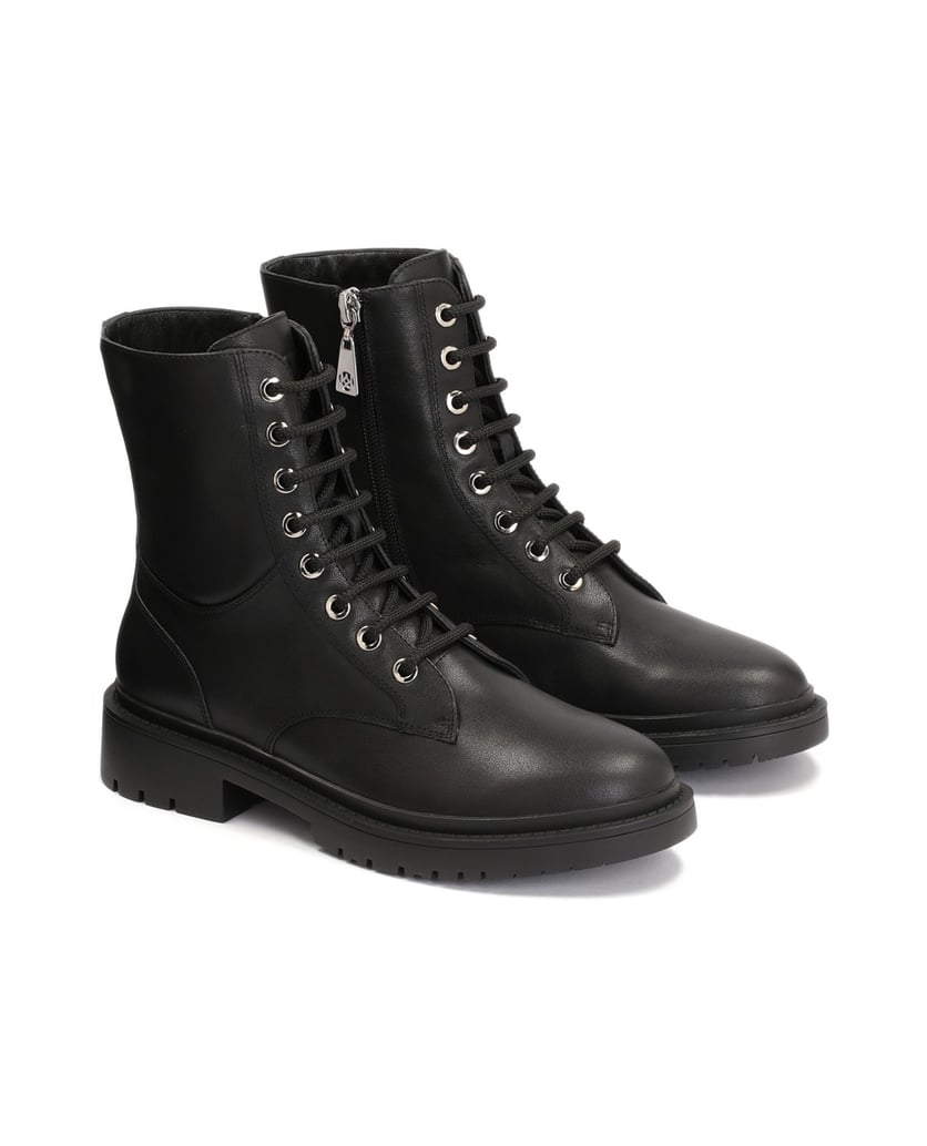 Kazar-Warme-schwarze-flache-Stiefelette-für-Damen-mit-Reißverschluss-und-Schnürung-schwarz