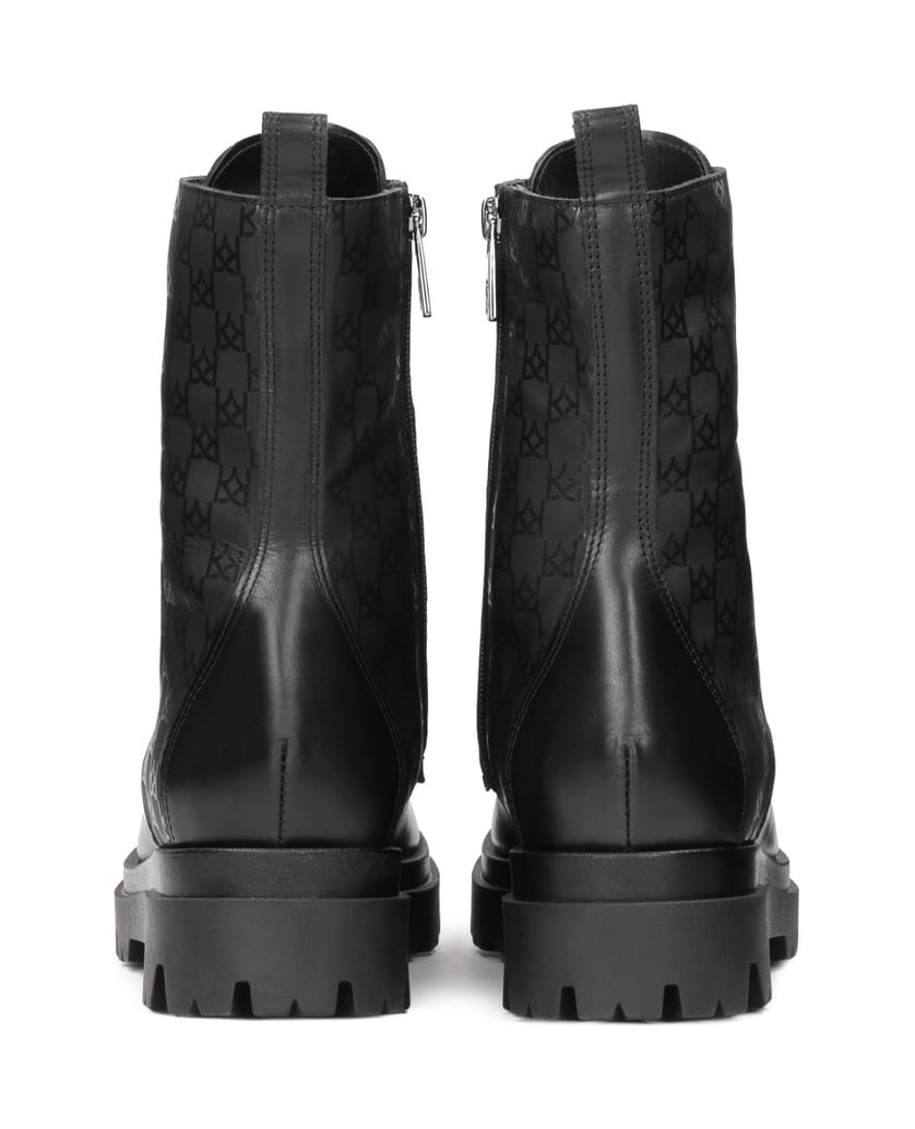 Kazar-Klassische-schwarze-flache-Lederstiefel-für-Frauen-mit-Monogrammen-verziert-schwarz