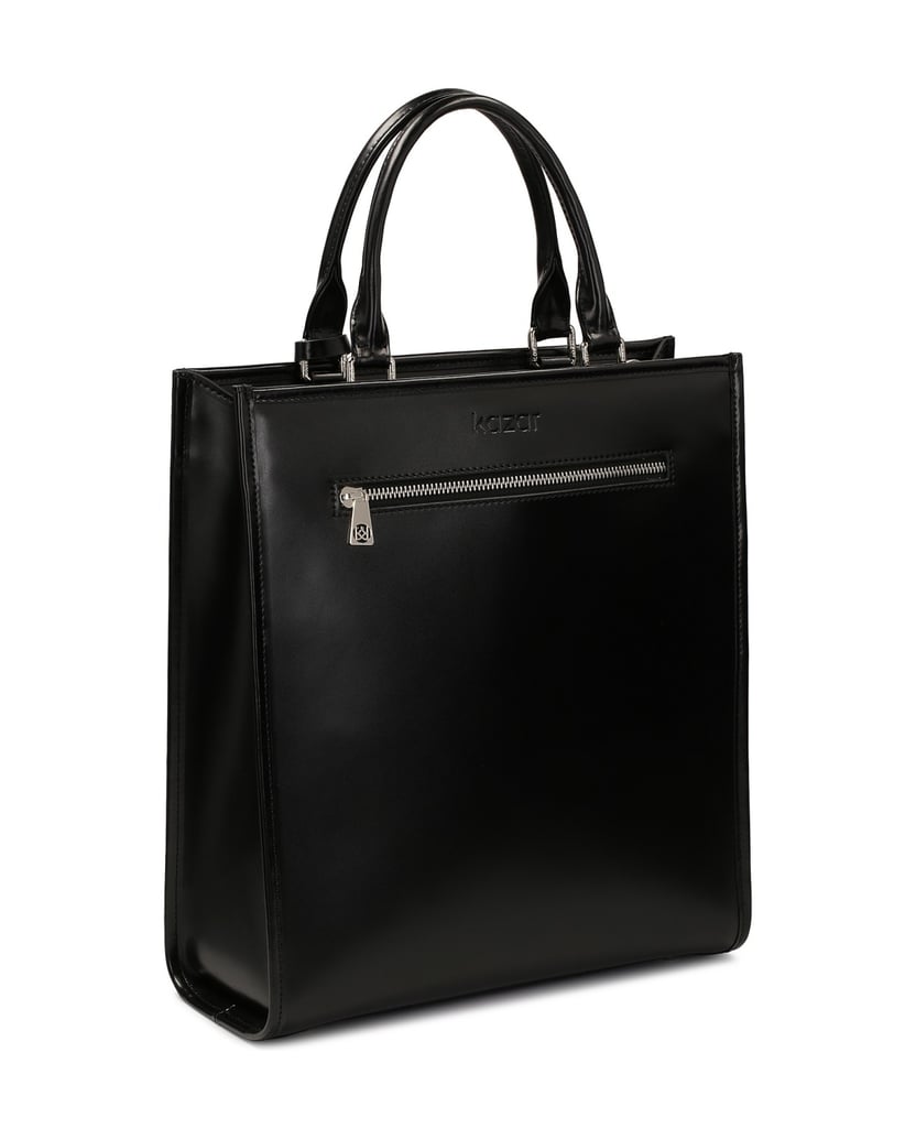 Kazar-Große-Handtasche-mit-gepunkteten-Metallmonogrammen-schwarz