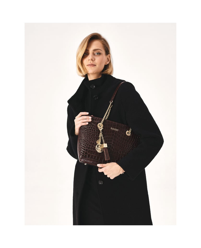 Kazar-Kastanienbraune-Handtasche-aus-glänzendem,-geprägtem-Leder-rot