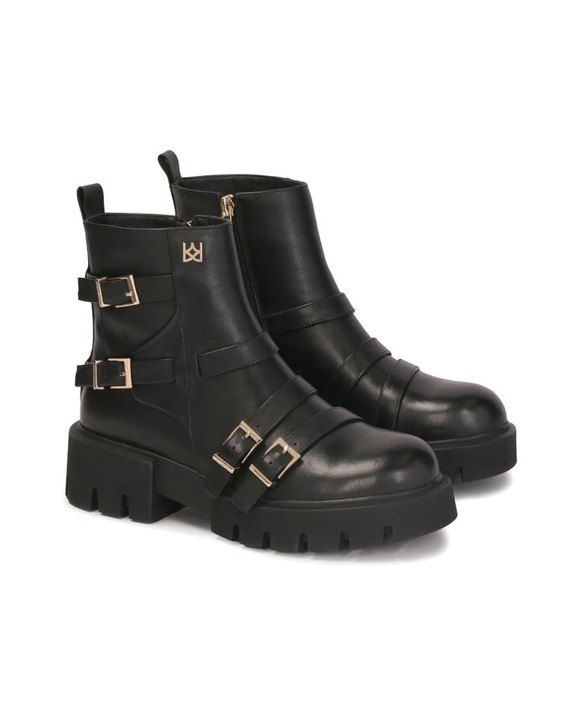 Kazar-Flache-Stiefel-mit-Riemen-mit-Schnallen-verziert-schwarz