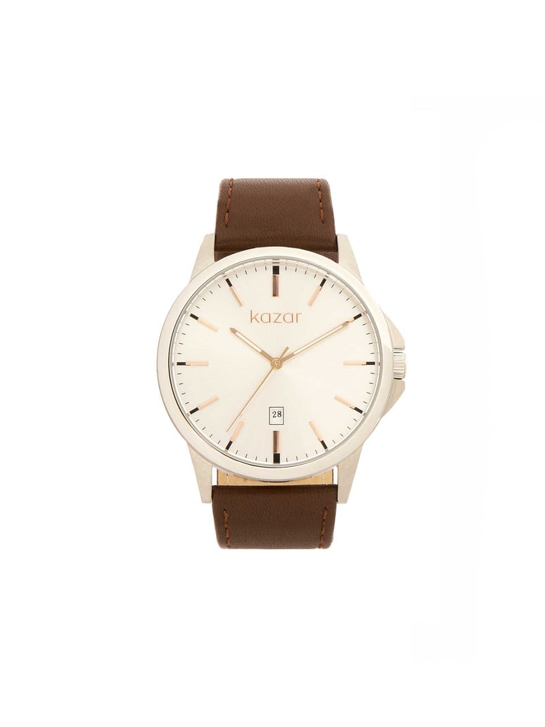 Kazar-Minimalistische-Uhr-mit-braunem-Armband-weiss