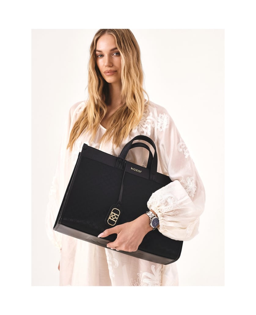 Kazar-Große-Handtasche-aus-Stoff-und-Naturleder-schwarz