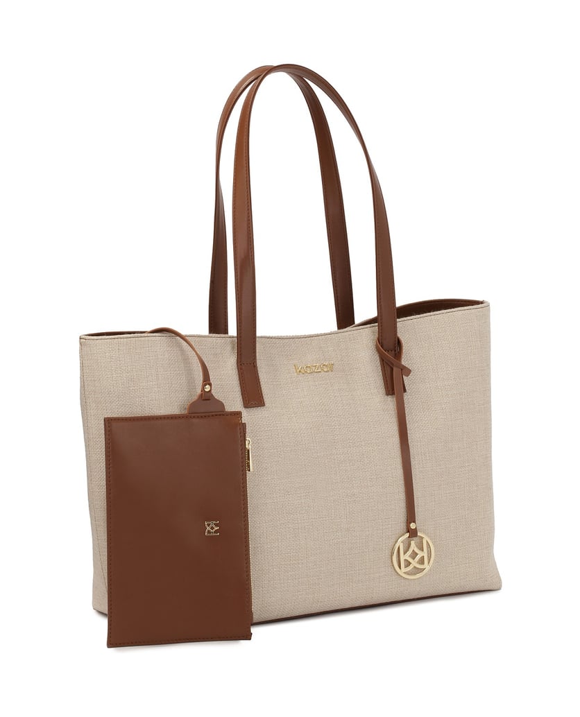 Kazar-Große-Handtasche-aus-Canvas-Stoff-und-Naturleder-beige