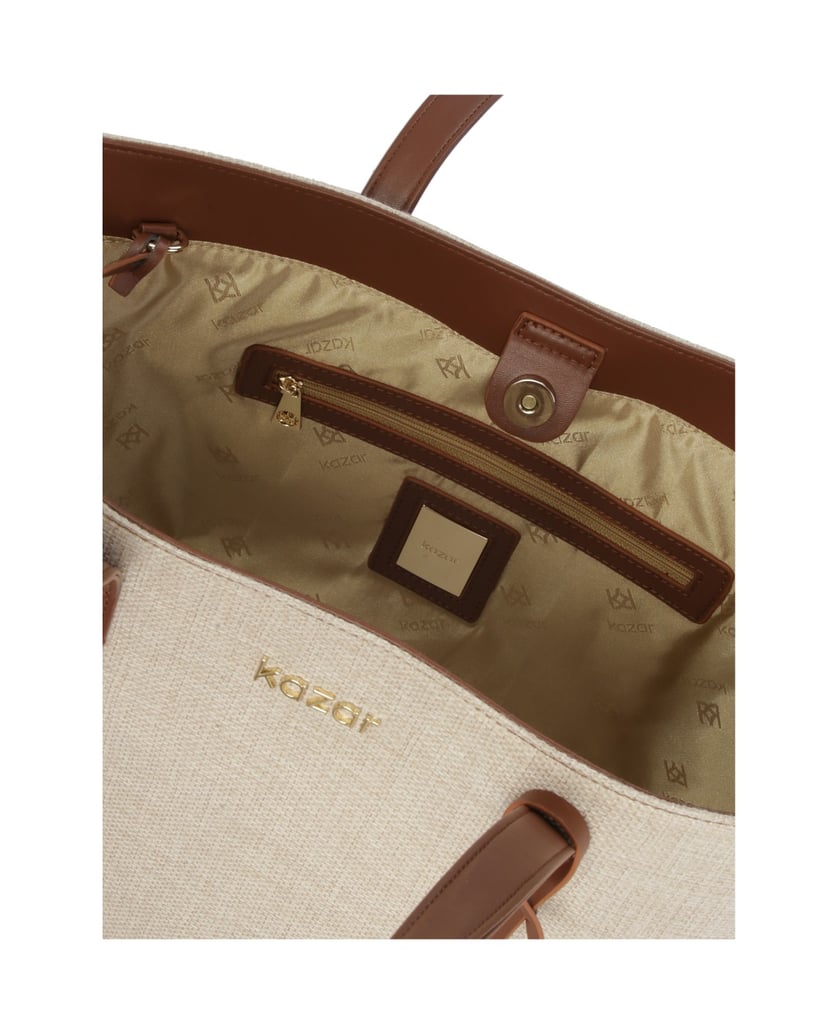 Kazar-Große-Handtasche-aus-Canvas-Stoff-und-Naturleder-beige
