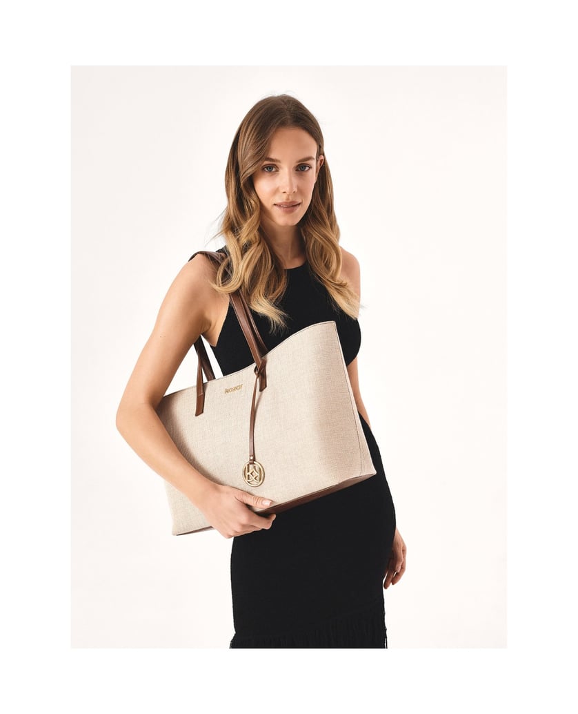 Kazar-Große-Handtasche-aus-Canvas-Stoff-und-Naturleder-beige