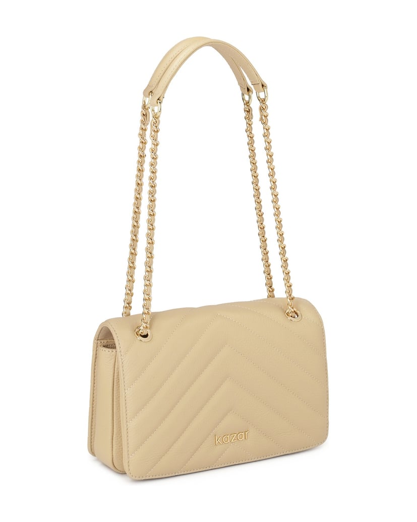 Kazar-Beigefarbene-Kettenhandtasche-mit-Ledereinsatz-beige