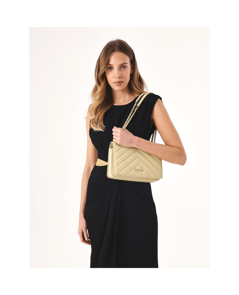 Kazar-Beigefarbene-Kettenhandtasche-mit-Ledereinsatz-beige