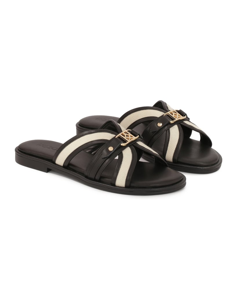 Kazar-Bequeme-Pantoletten-aus-Leder-und-Stoff-mit-flacher-Sohle-schwarz