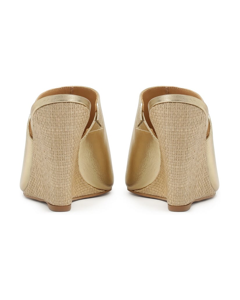 Kazar-Goldfarbene-Lederpantoletten-mit-Raffia-Absatz-gold