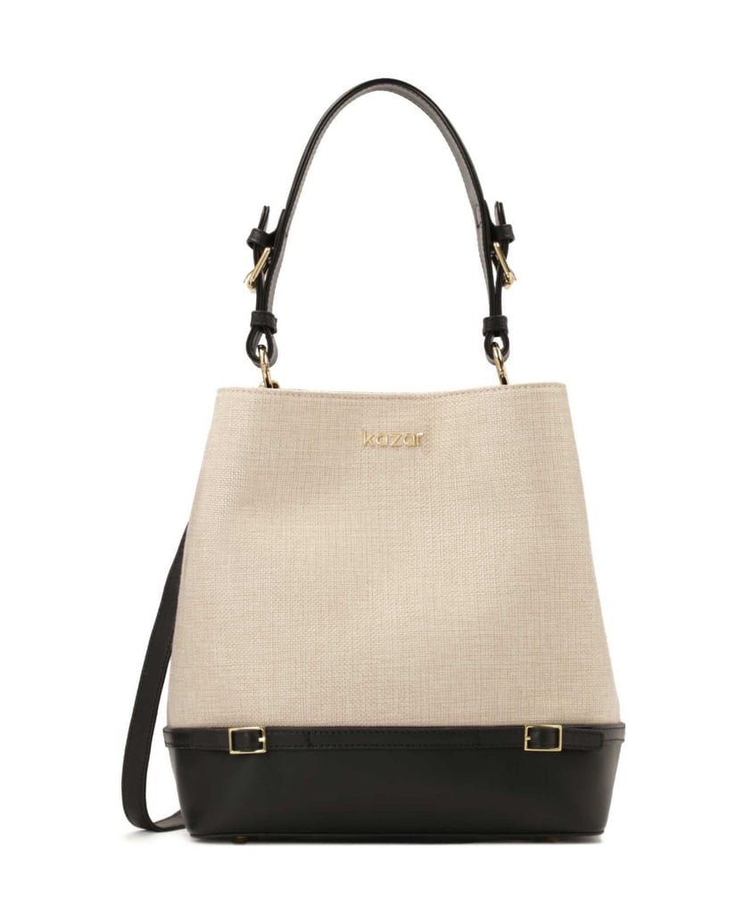 Kazar-Handtasche-aus-Canvas-Stoff-und-schwarzem-Leder-beige