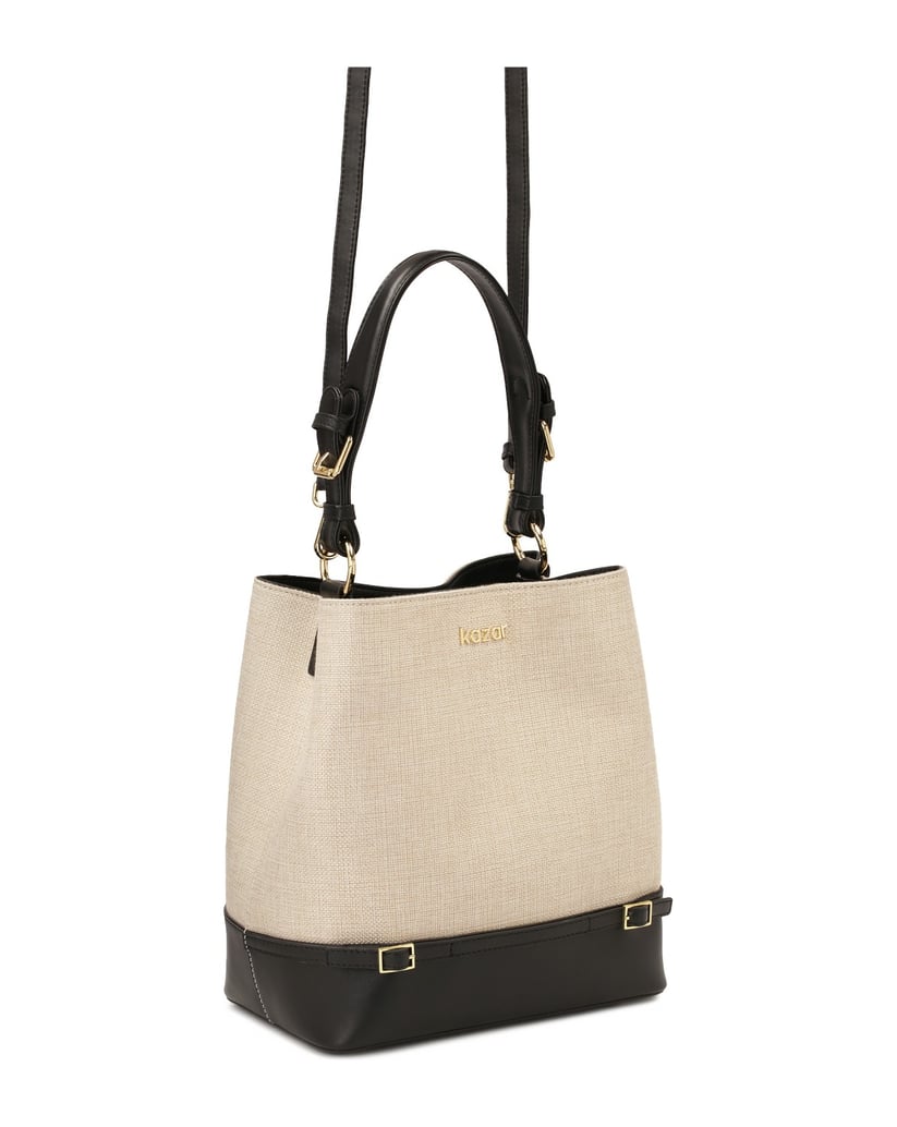 Kazar-Handtasche-aus-Canvas-Stoff-und-schwarzem-Leder-beige