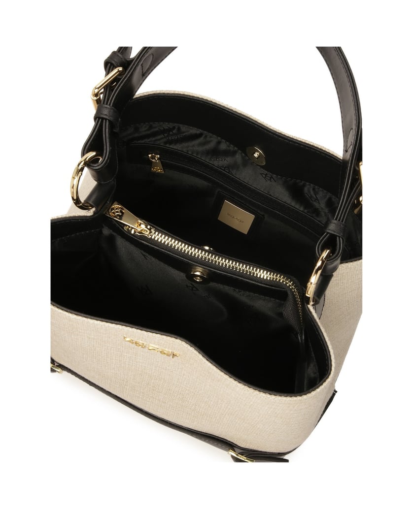 Kazar-Handtasche-aus-Canvas-Stoff-und-schwarzem-Leder-beige