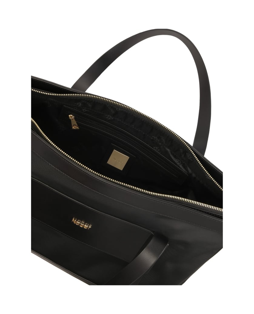 Kazar-Handtasche-aus-Gewebe-und-Leder-mit-Griffen-und-Schnürchen-schwarz