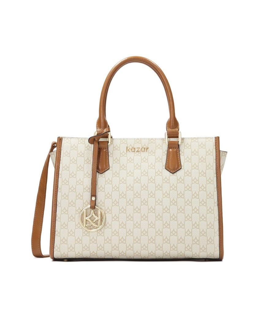 Kazar-Handtasche-mit-zwei-mit-Monogrammen-verzierten-Griffen-weiss