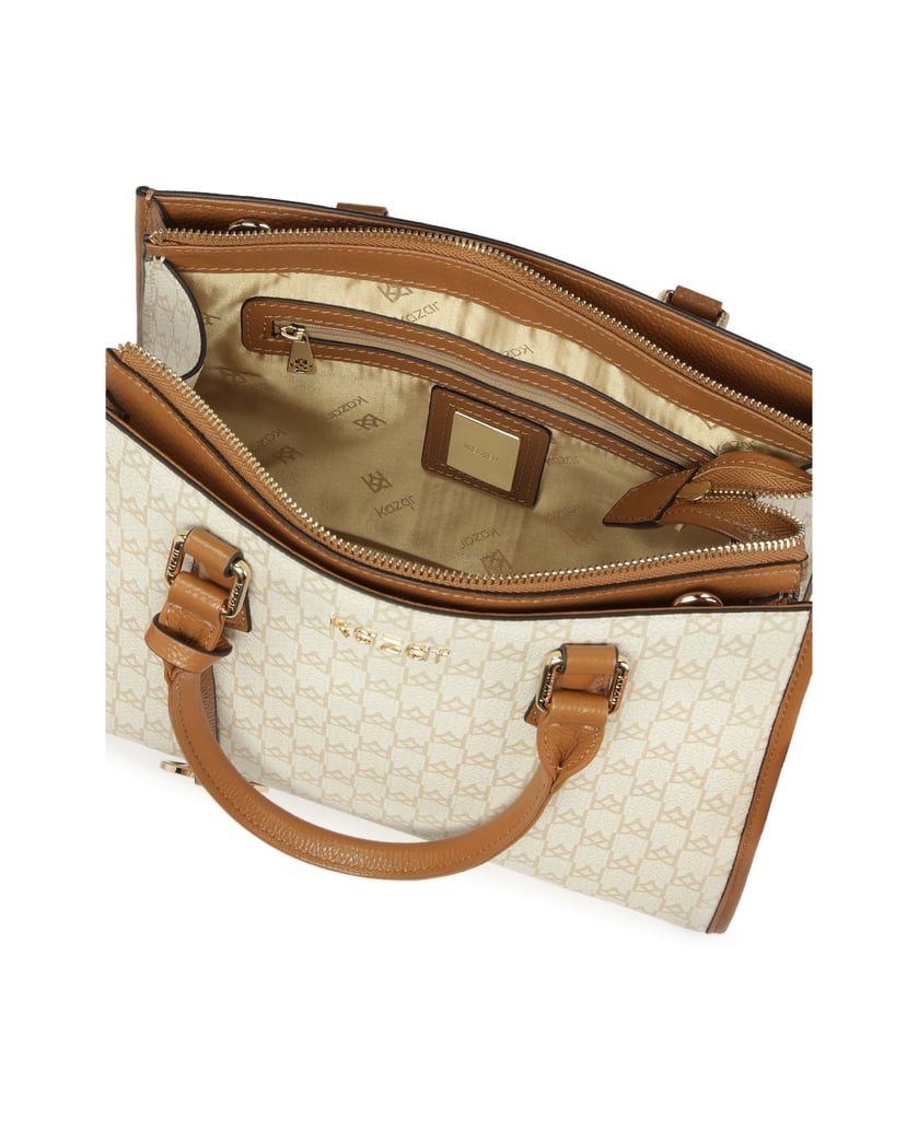 Kazar-Handtasche-mit-zwei-mit-Monogrammen-verzierten-Griffen-weiss