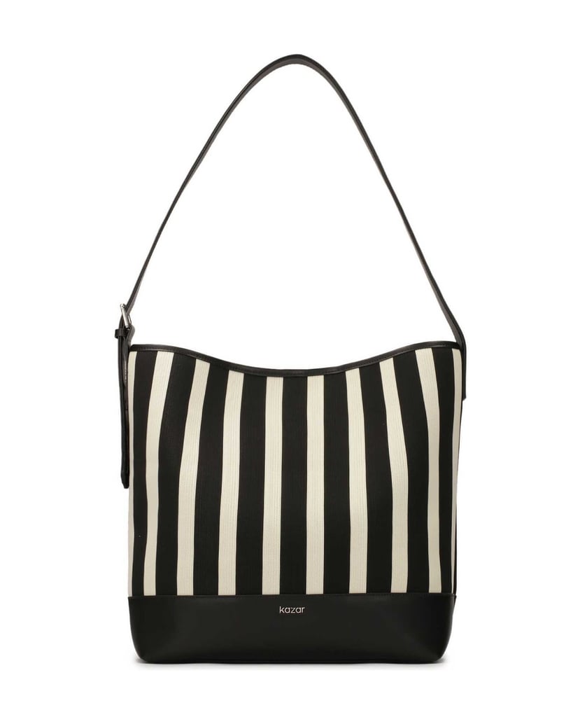 Kazar-Große-gestreifte-Handtasche-aus-Stoff-und-Leder-schwarz