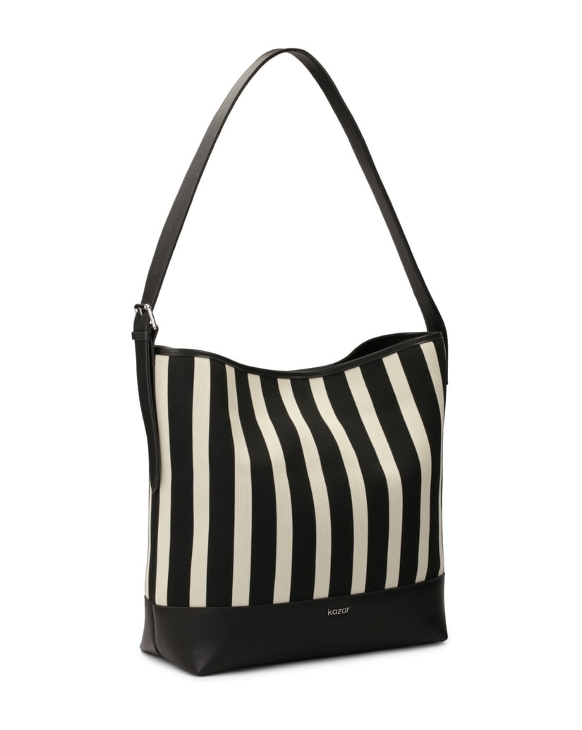 Kazar-Große-gestreifte-Handtasche-aus-Stoff-und-Leder-schwarz