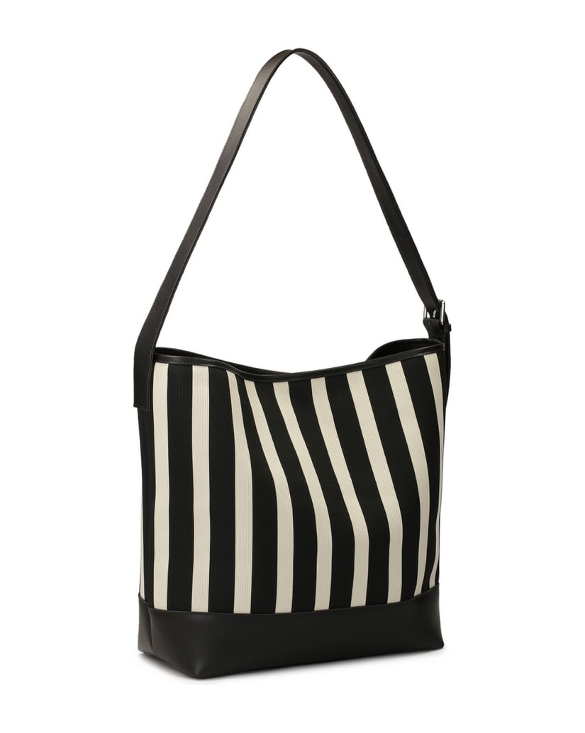 Kazar-Große-gestreifte-Handtasche-aus-Stoff-und-Leder-schwarz