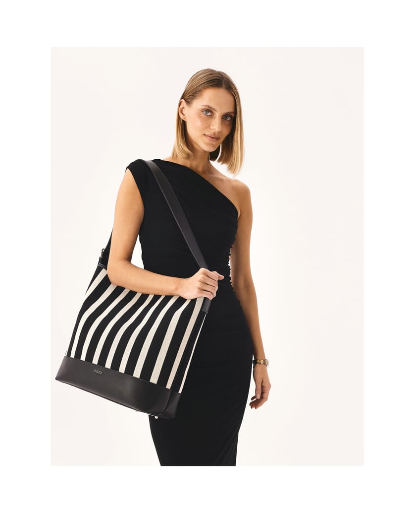 Kazar-Große-gestreifte-Handtasche-aus-Stoff-und-Leder-schwarz