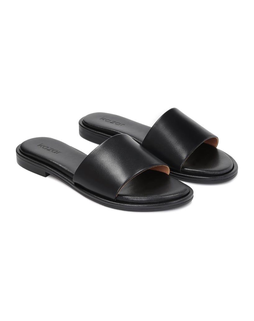Kazar-Schwarze-Leder-Slides-auf-flacher-Sohle-schwarz