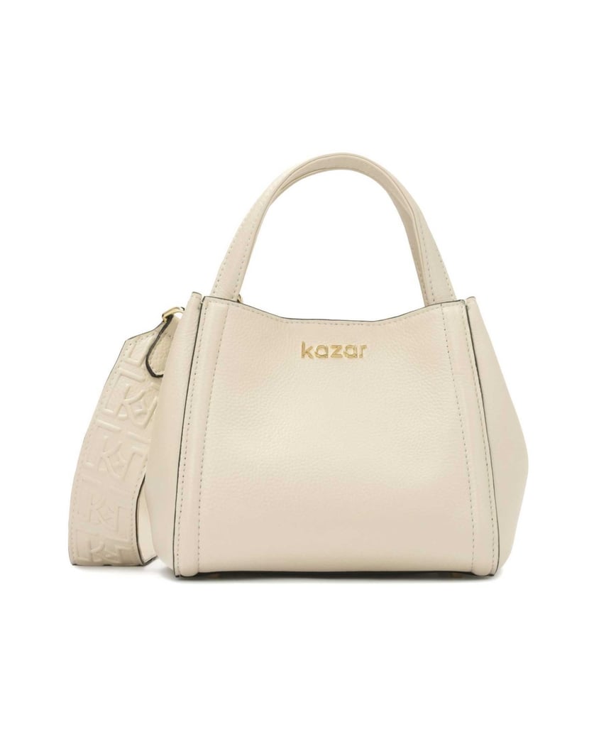 Kazar-Weiche-cremefarbene-Handtasche-mit-geprägtem-Monogramm-auf-dem-Riemen-weiss