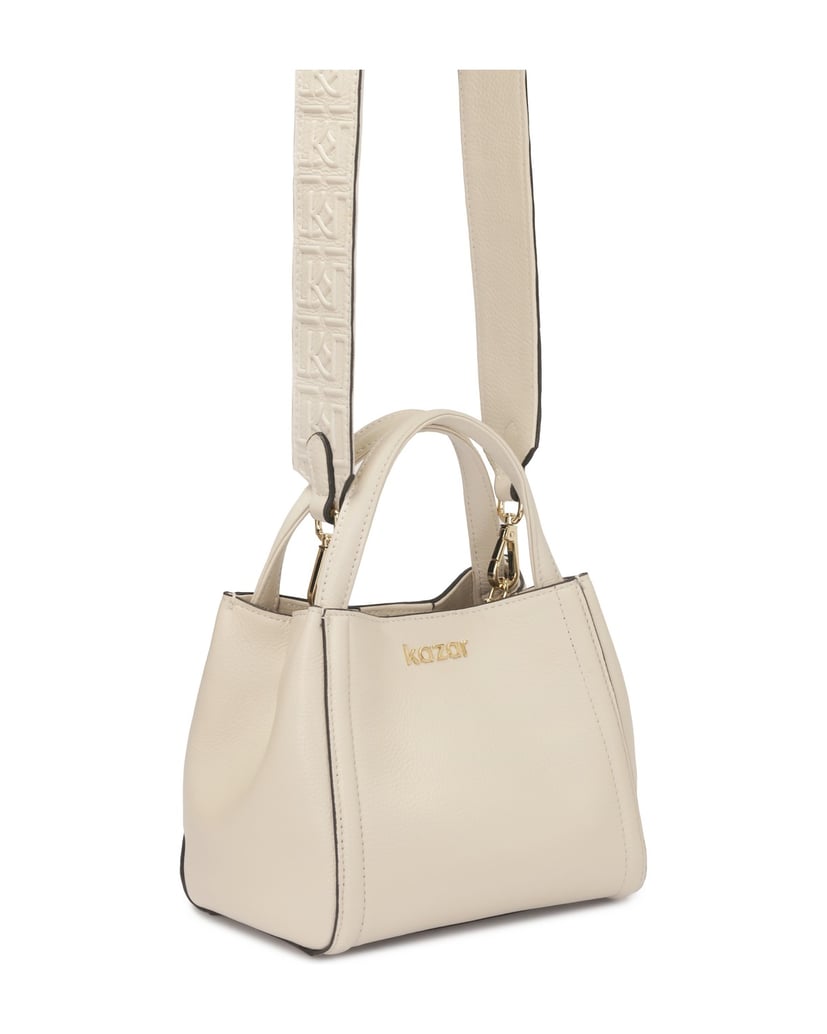 Kazar-Weiche-cremefarbene-Handtasche-mit-geprägtem-Monogramm-auf-dem-Riemen-weiss