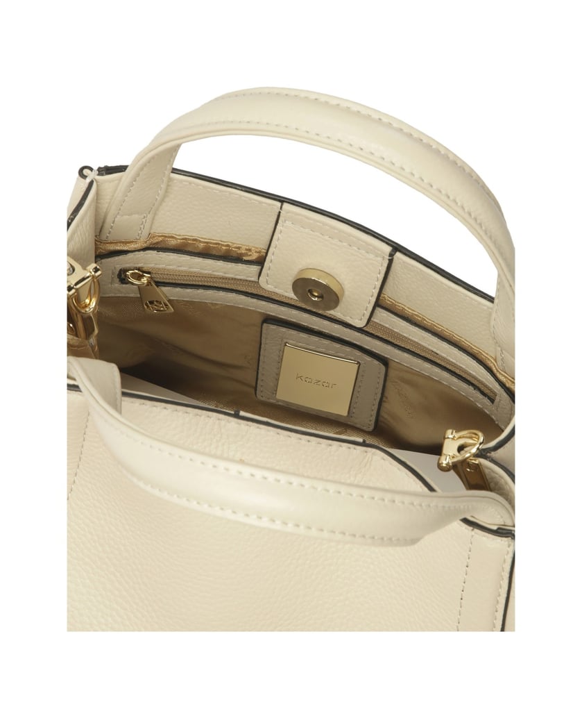 Kazar-Weiche-cremefarbene-Handtasche-mit-geprägtem-Monogramm-auf-dem-Riemen-weiss