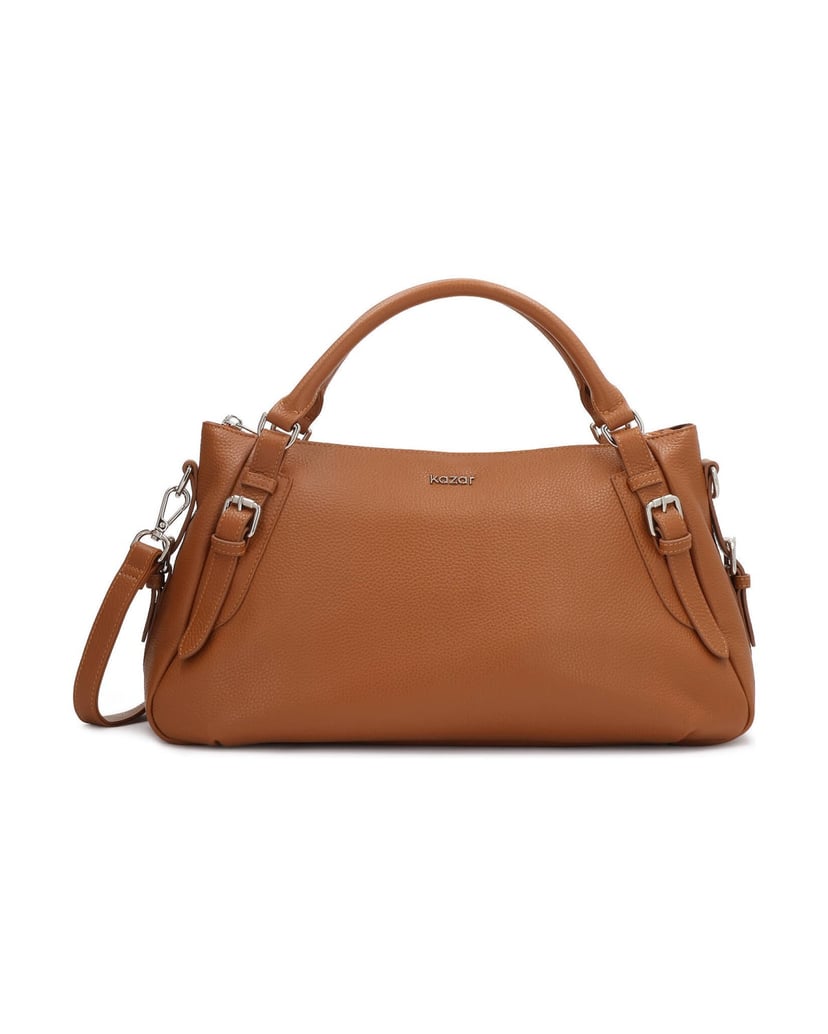 Kazar-Hellbraune-Lederhandtasche-mit-Griffen-und-silbernen-Details-camel