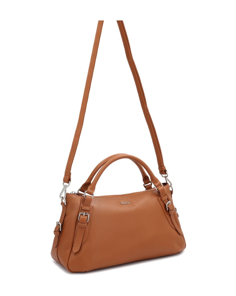 Kazar-Hellbraune-Lederhandtasche-mit-Griffen-und-silbernen-Details-camel