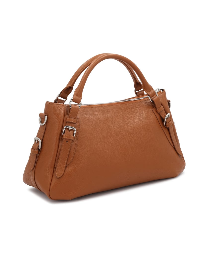 Kazar-Hellbraune-Lederhandtasche-mit-Griffen-und-silbernen-Details-camel
