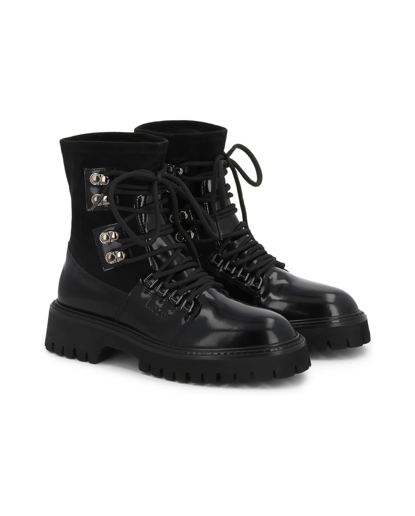 Kazar-Schwarze-Lederstiefel-mit-Schaft-aus-Stoff-und-Treppensohle-schwarz